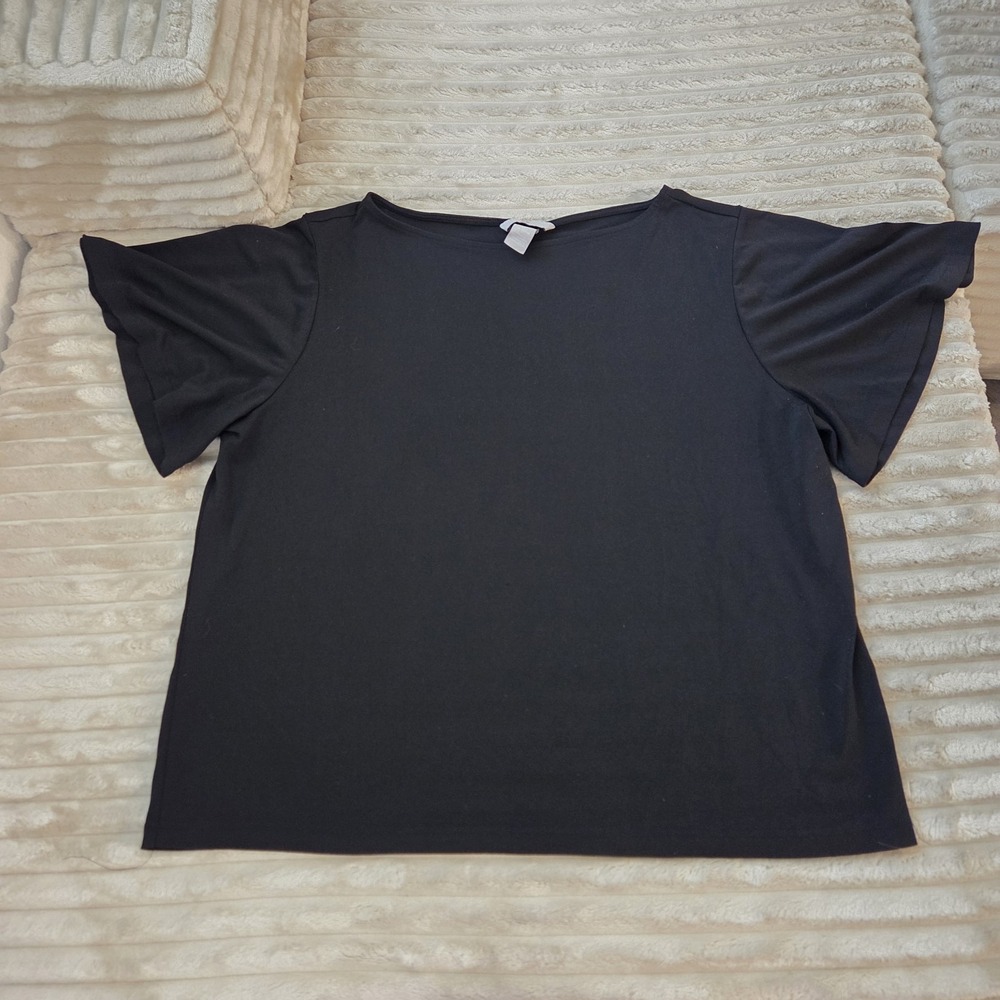 H&M Black Flutter Sleeve Top Boat Neck Short Sleeve Blouse Women's Size L